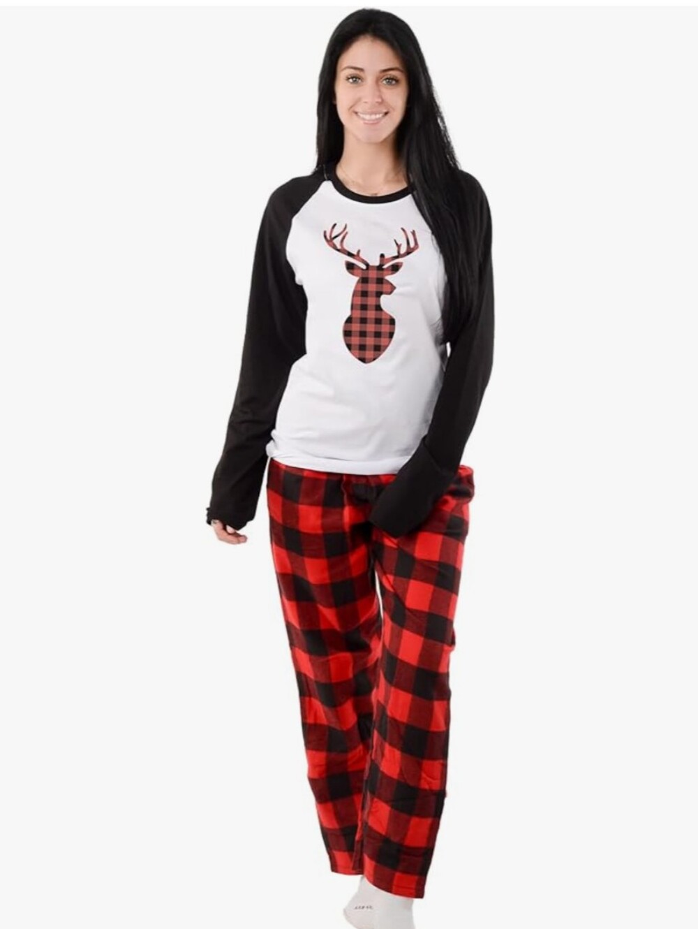 Women's Pat Pat Holiday Christmas Plaid Moose Pajama Set - Size Small